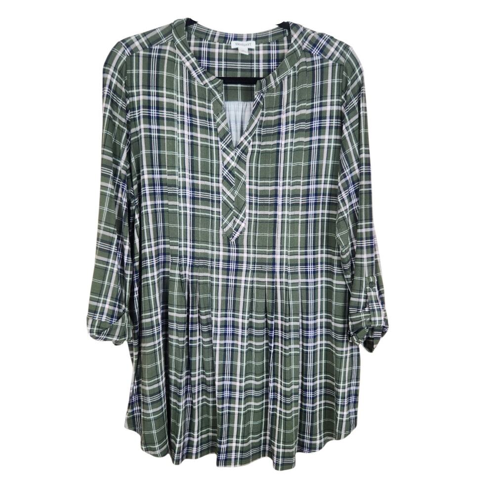 Westport Green Plaid Stretch Swing Top 1X Plus Roll Tab Fall Winter Rustic Farm